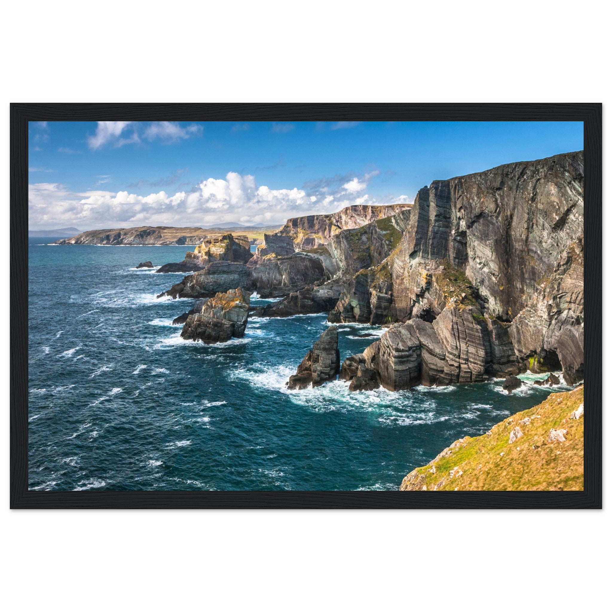 Captivating framed print of Mizen Head, County Cork, Ireland. Features dramatic Atlantic coast, towering cliffs, and raw power of ocean. Perfect decor for nature lovers.