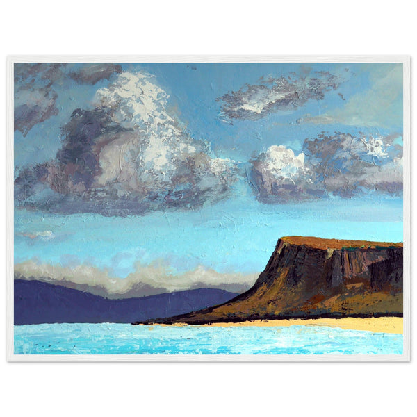 Ó Maoláin's framed art: Ballycastle beach, Fair Head distant view. Serene coastal scene, sandy shores, cliffs. County Antrim, Ireland.