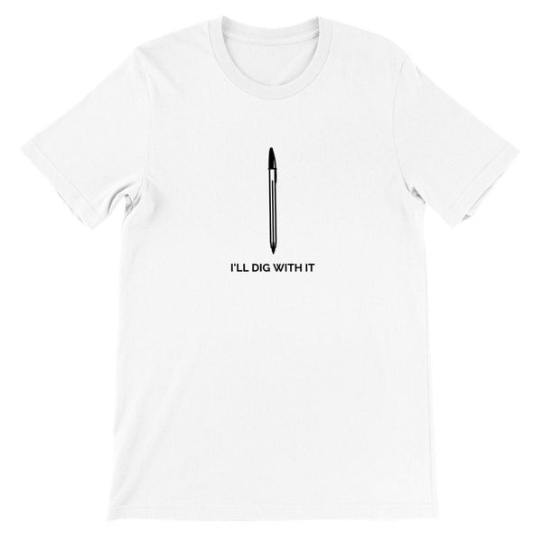 Seamus Heaney-inspired T-shirt with I'll Dig with it text. Made from premium cotton, featuring earthy colors and tasteful typography. Perfect for literature lovers and gardeners. A unique and thoughtful gift.